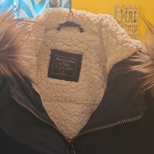 Abercrombie & Fitch Dark Blue Coat with Faux Fur and Cream Lining
